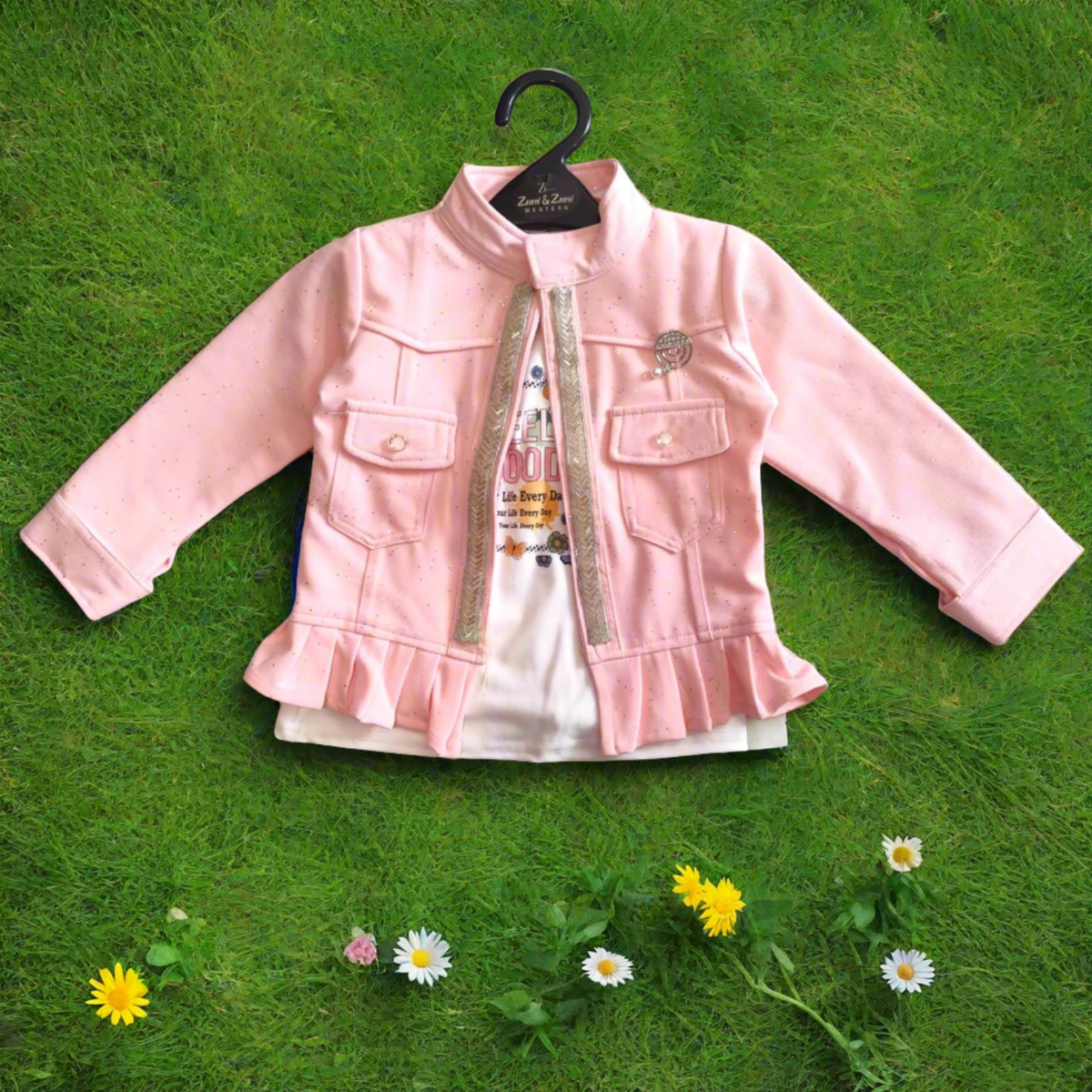 Girls Western 3-Piece Floral Top & Wide-Leg Palazzo Set with Jacket - Baby Pink