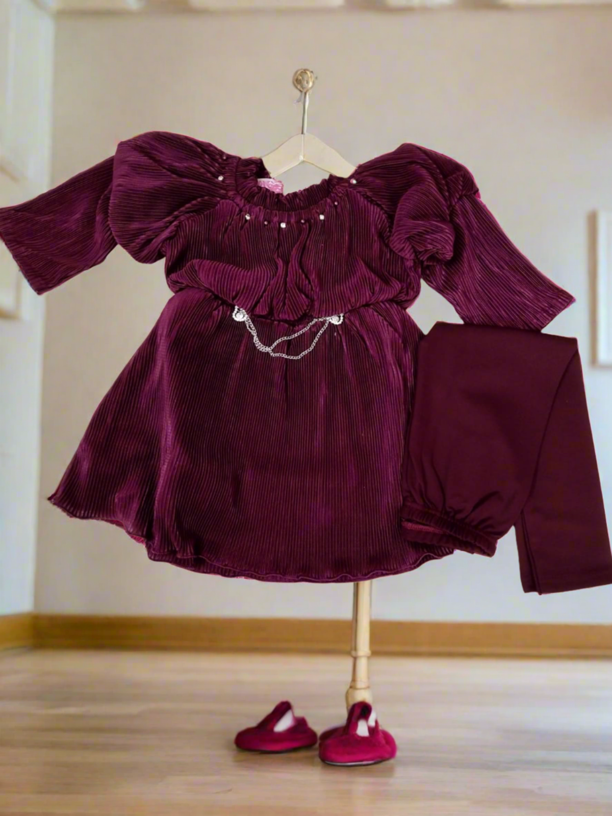 girls stylish western dress crush pattern with legging , wine / onion colour ( Z 20)