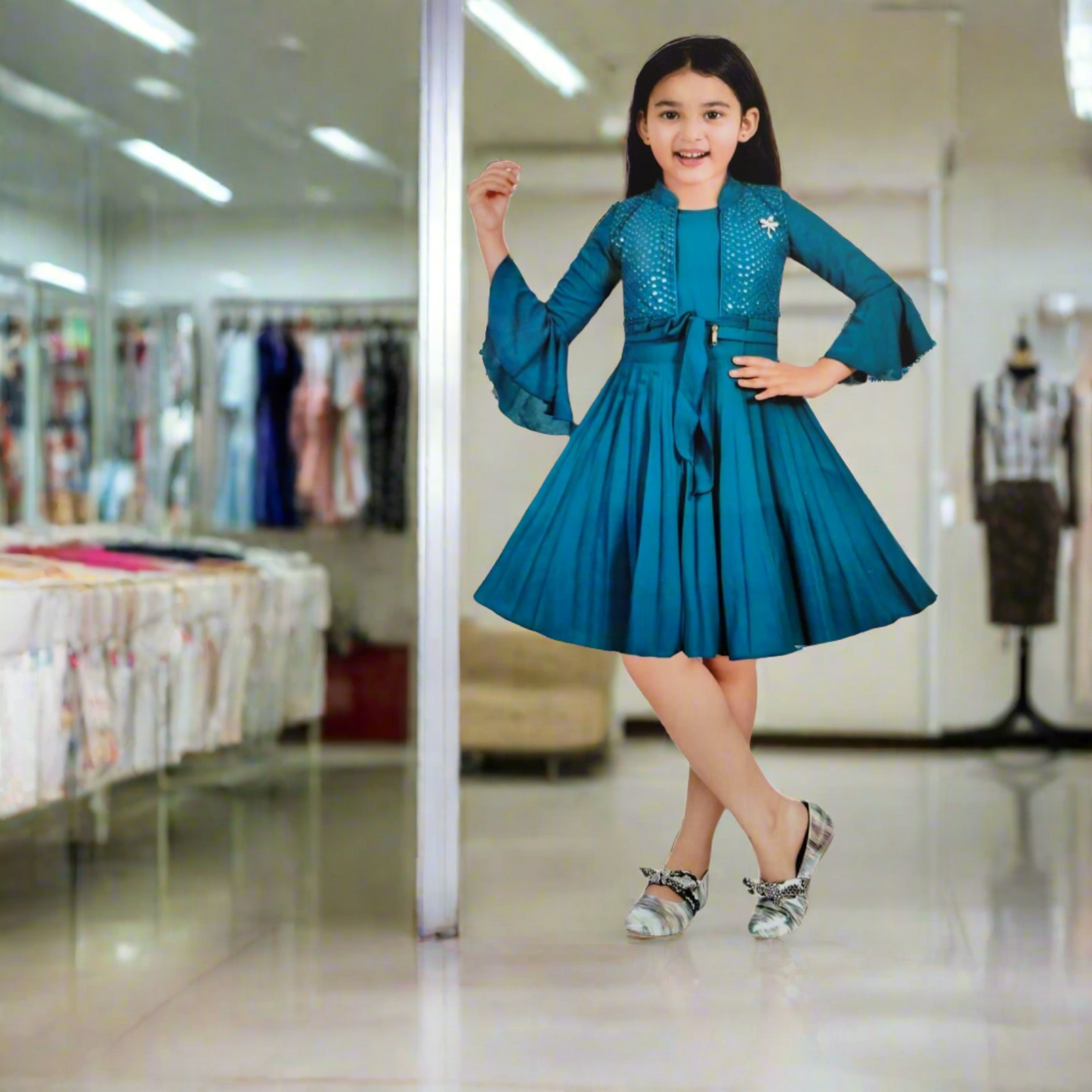 girls indo-western kurti set with jacket, blue ( Z 3)