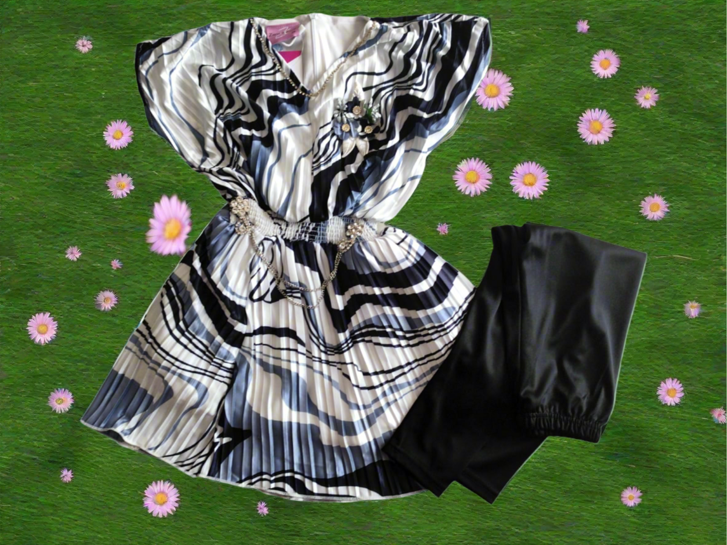 Girls Navy Blue & White Crinkle Tunic Dress with Leggings