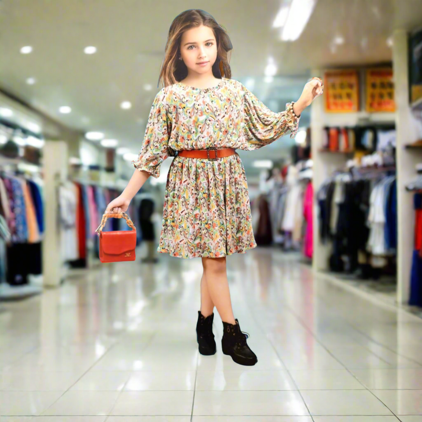 Girls Designer Multicolour Western Crinkle Dress