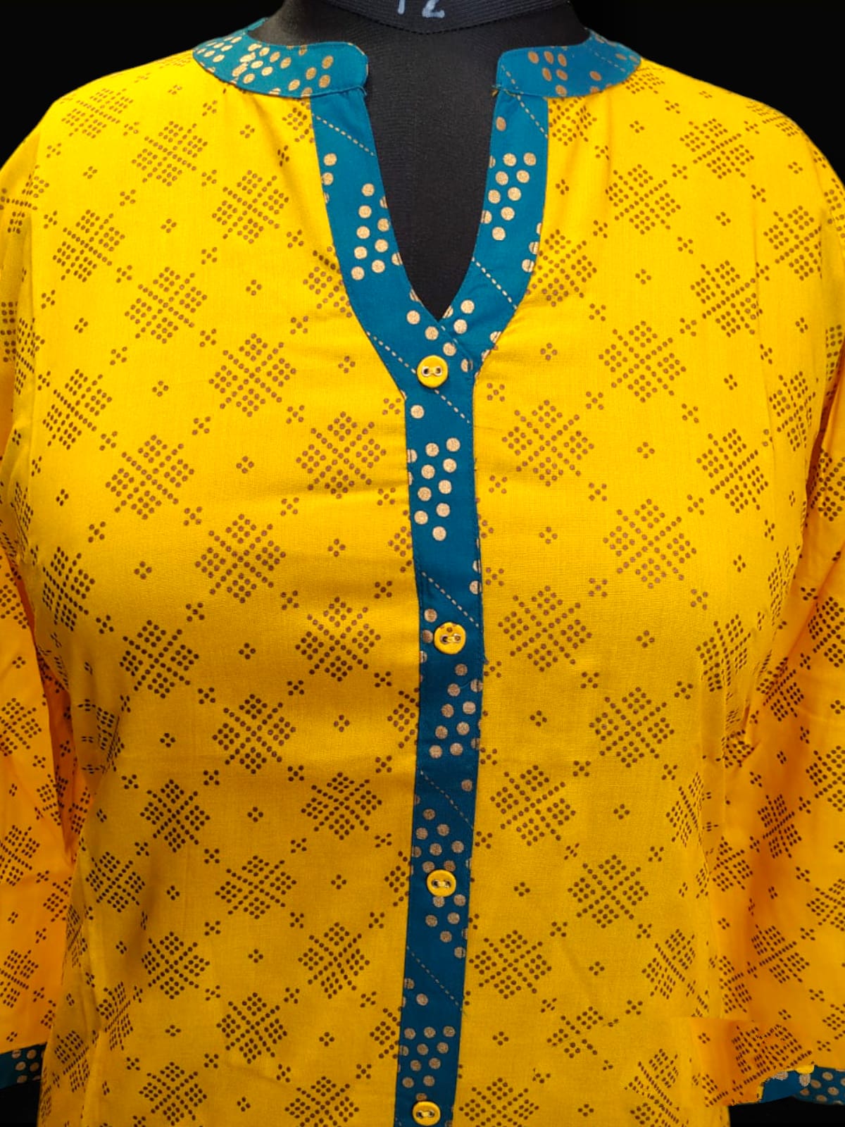 straight cut kurti yellow with blue strip ( Lst 32)