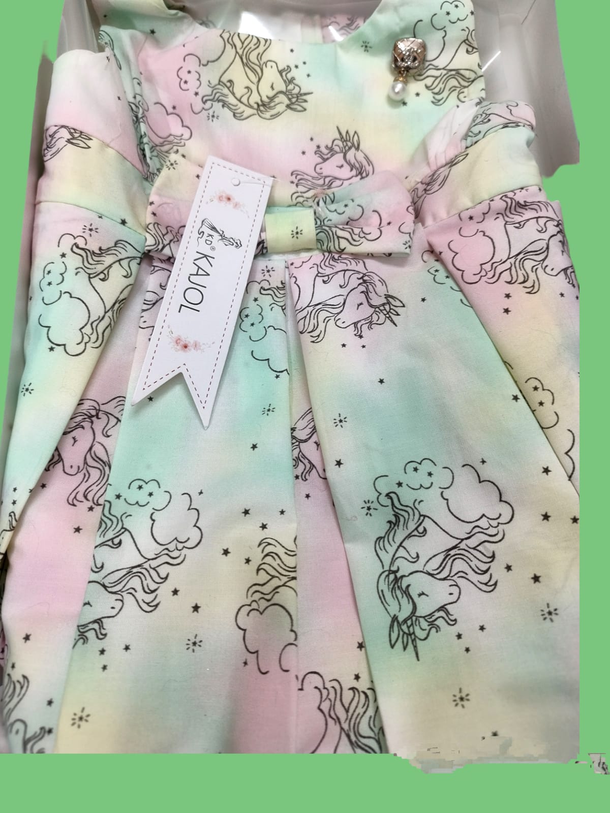 girls western classy frock, light green unicorn pattern( prbx 19)