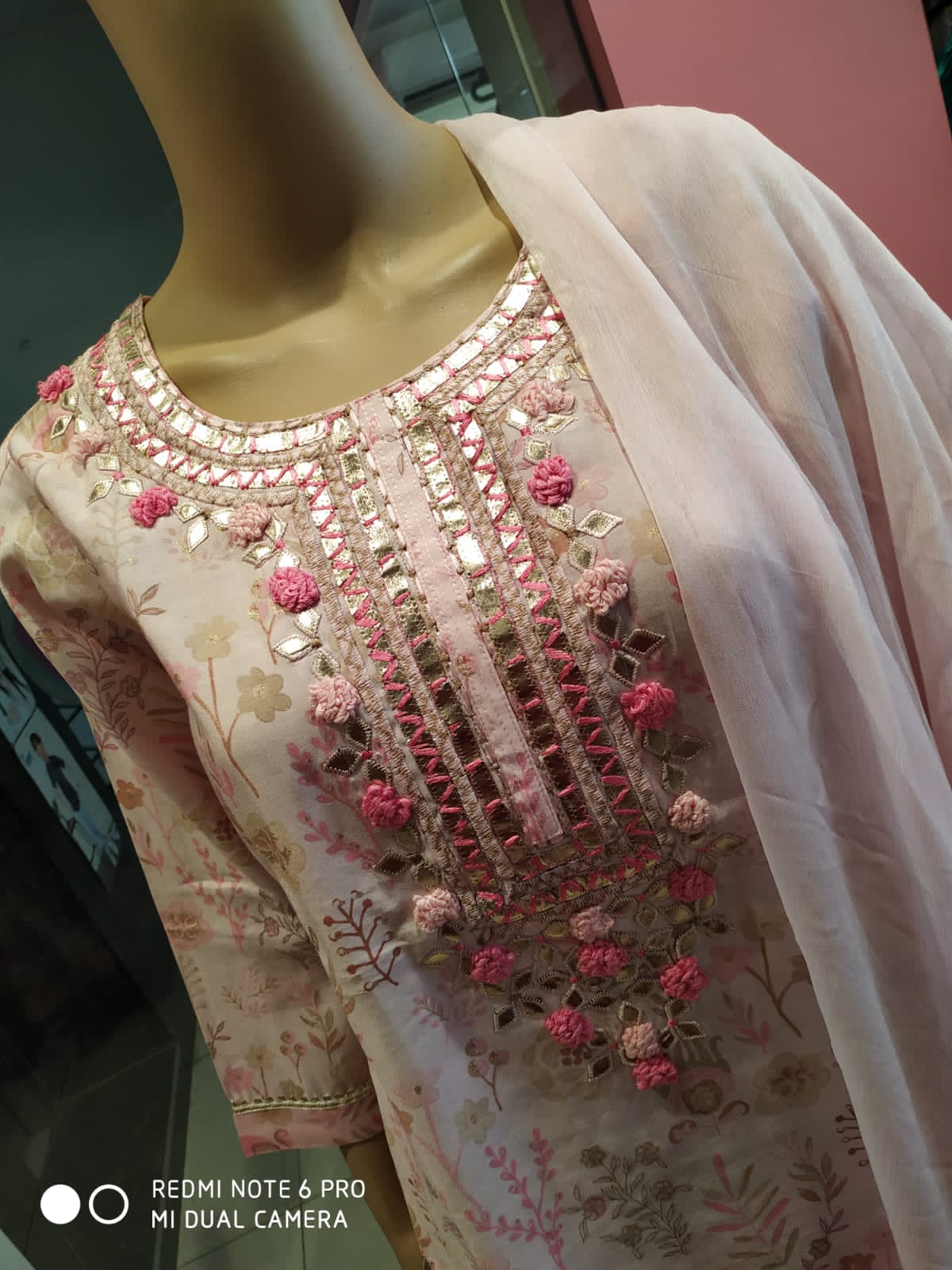 Women's partywear kurti set with pant and dupatta, baby pink ( Lfst 13)