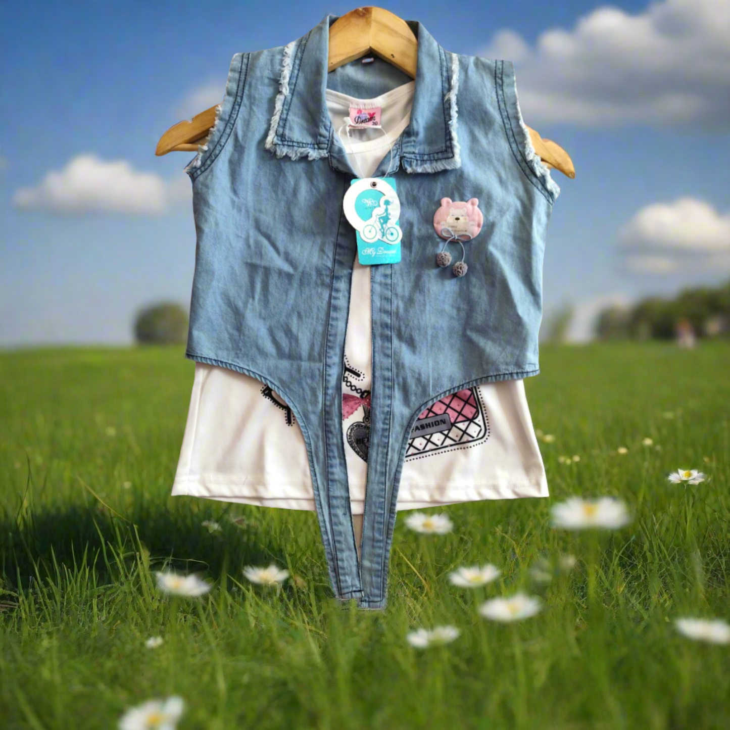 girls western stylish 3 piece top and short set with denim jacket ( wtbx 6)