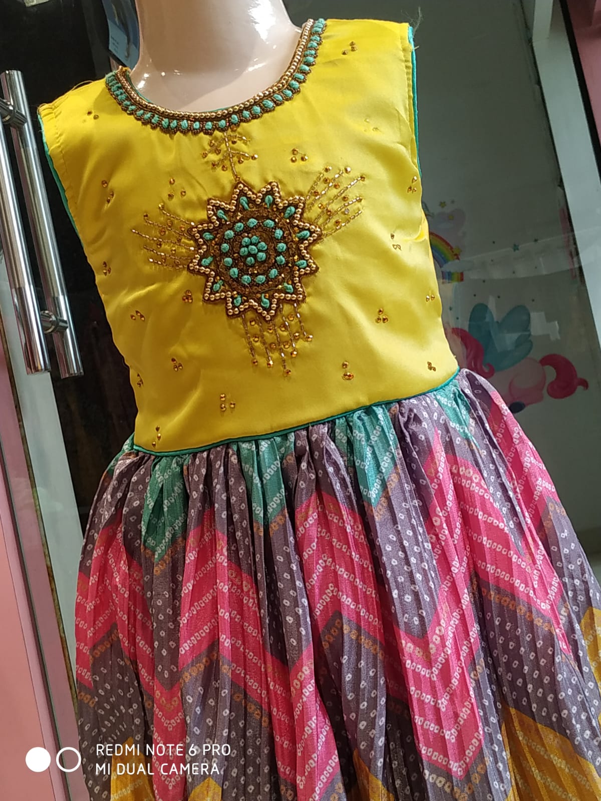 girls bandhani pattern beautiful frock , yellow ( e 14)