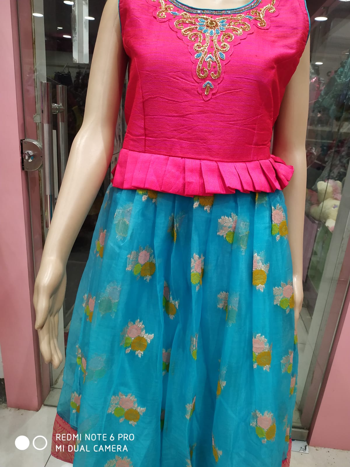 ethnic long frock pink and sky blue ( e 31)