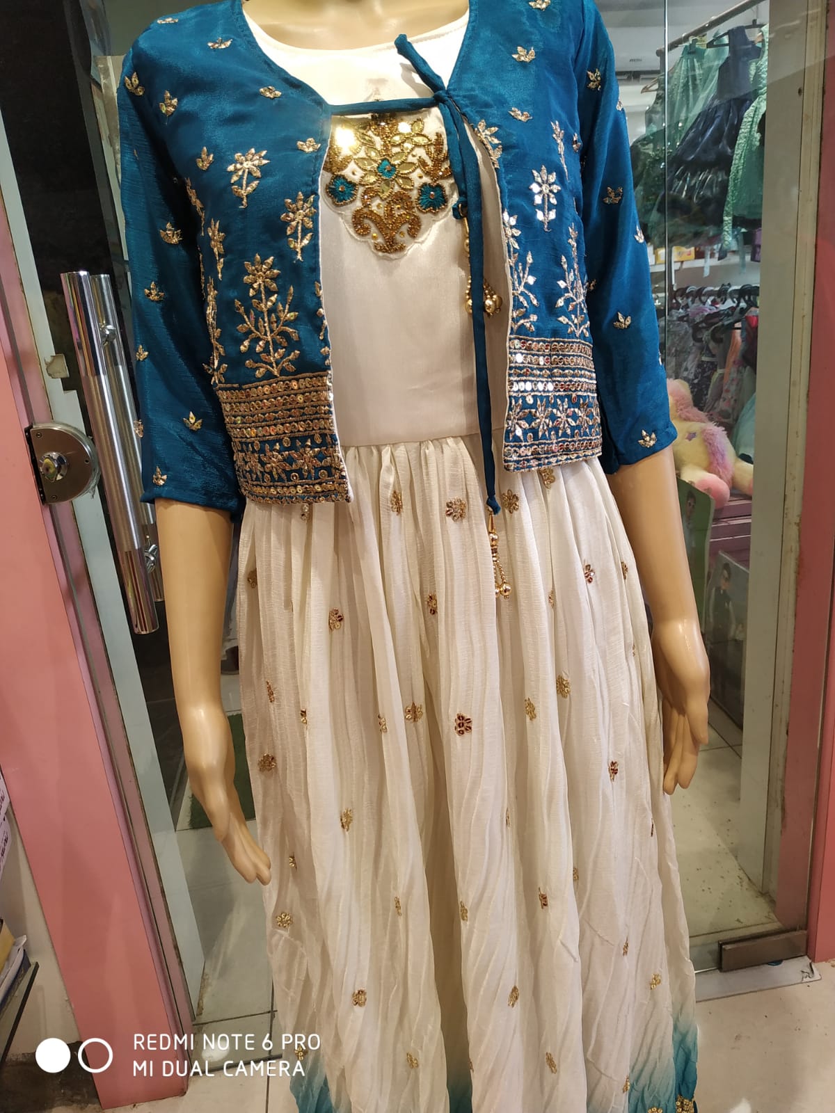 Ethnic long gown partywear white shaded with blue jacket ( e 37)