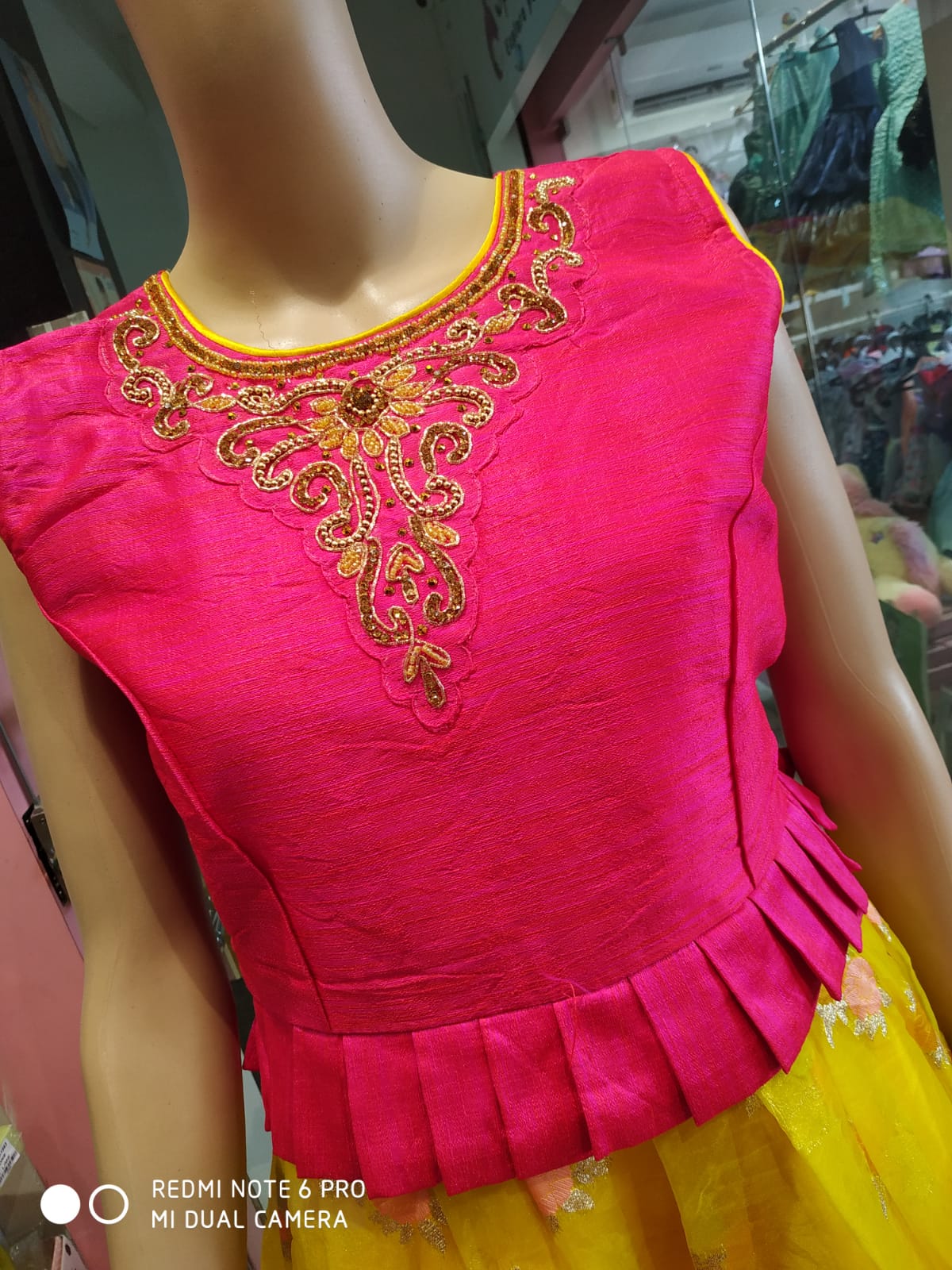 ethnic long frock pink and yellow ( e 36 )