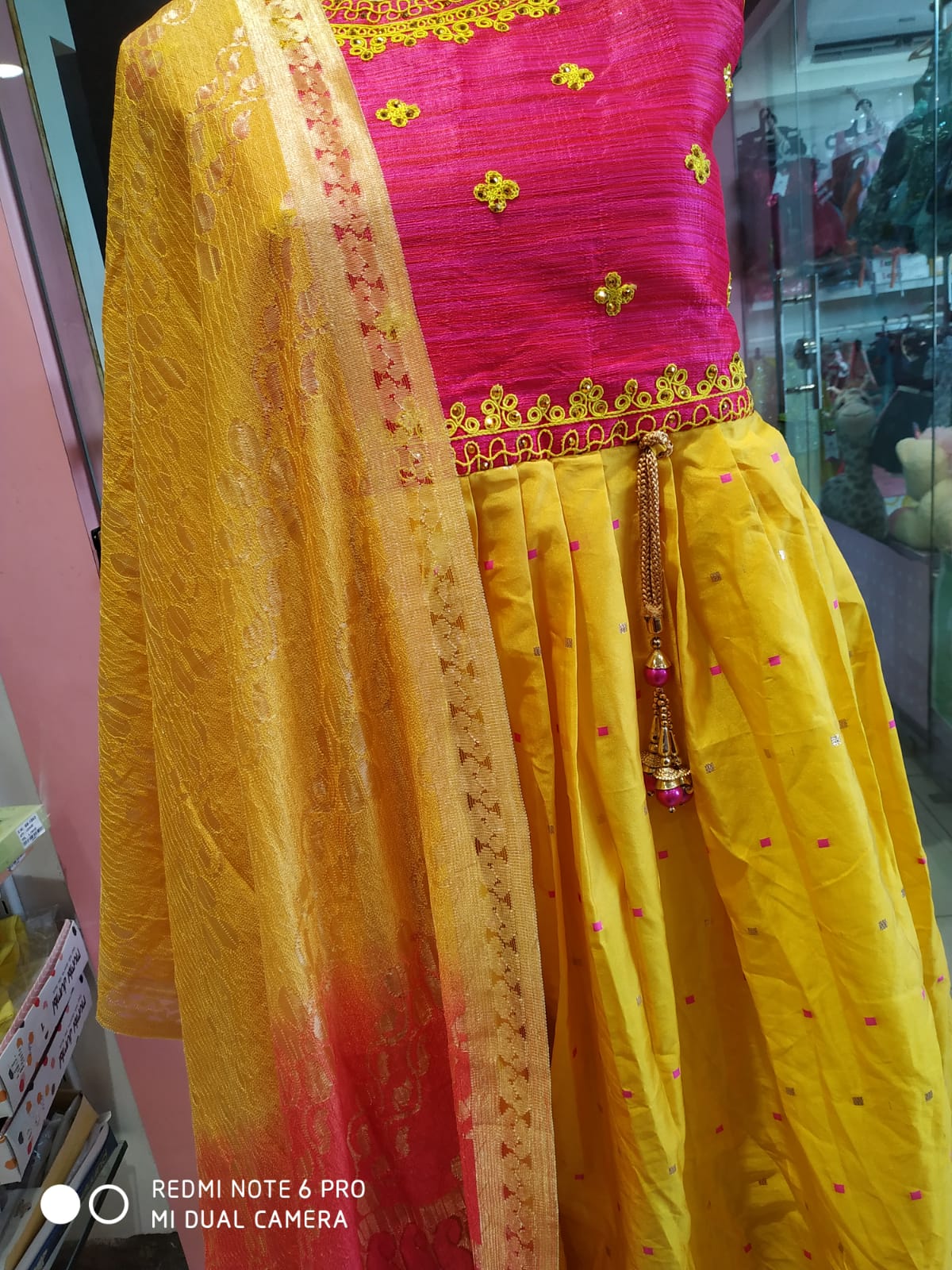 girls festive wear , beautiful frock/ gown with dupatta , yellow & pink ( e 38)