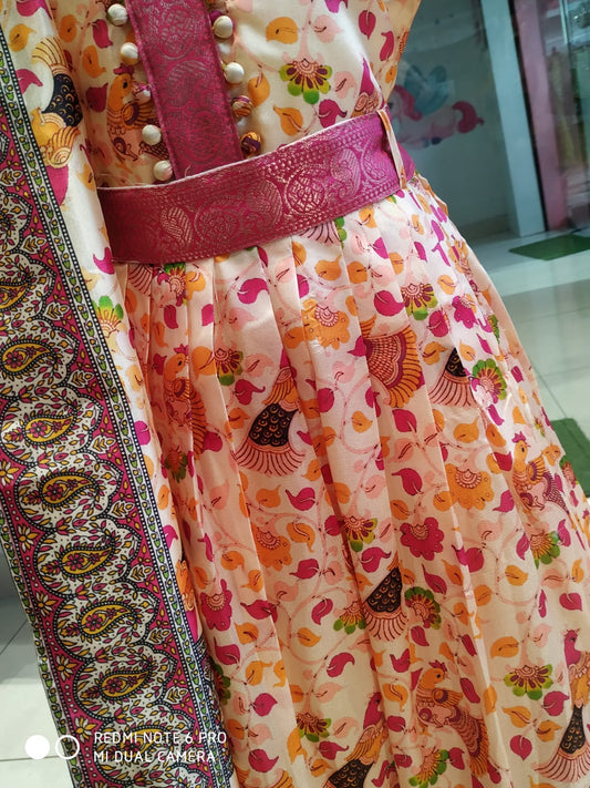 girls festive wear , beautiful kalamkari print frock/ gown , with dupatta ( e 43)