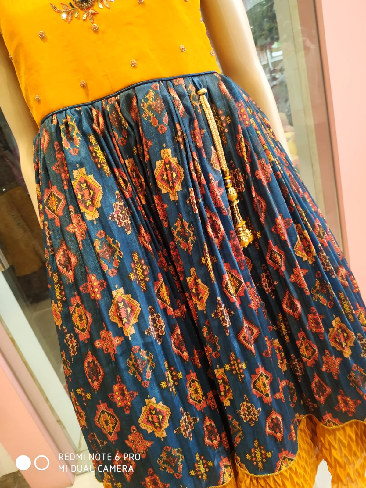 girls beautiful flayered frock/ gown, yellow& blue ( e 61)