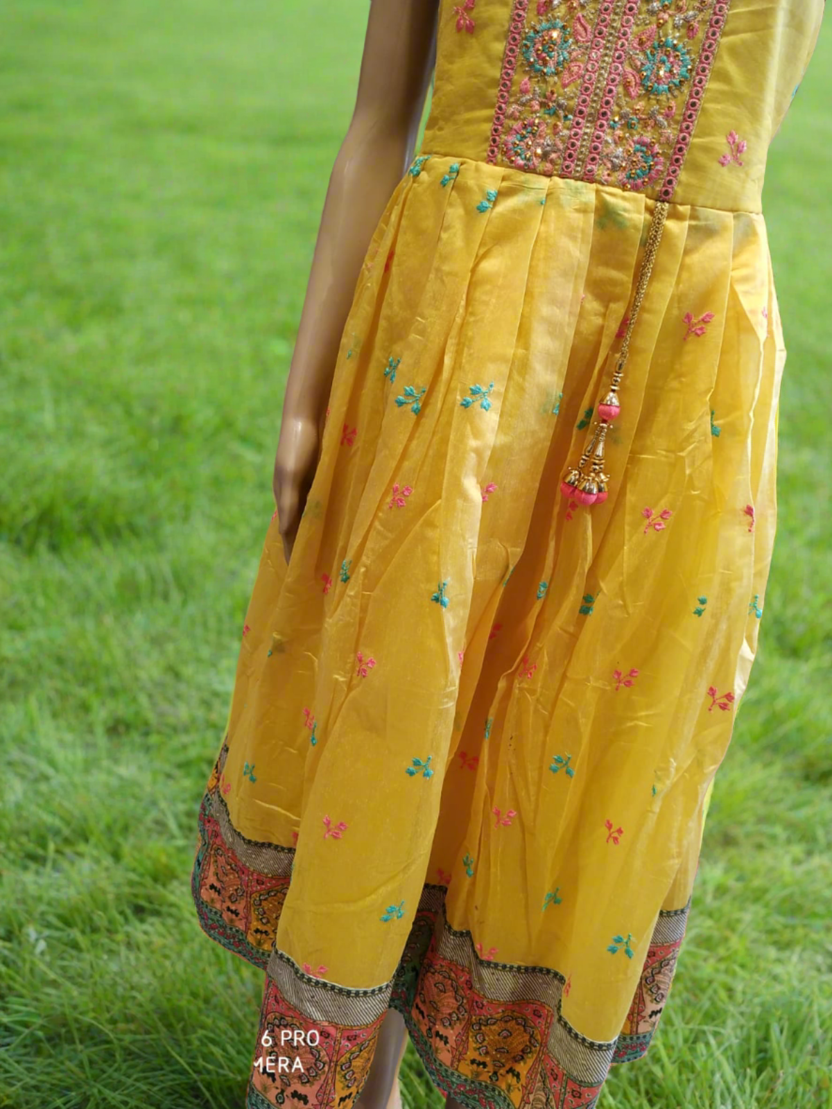 Flayered Umbrella long frock, yellow chanderi ( e 59 )