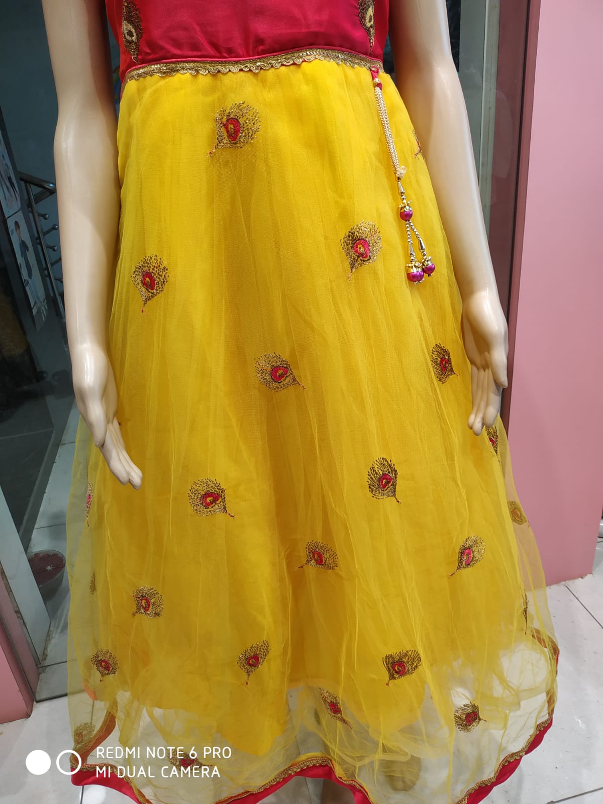 girls festive wear , beautiful frock/ gown, yellow & pink/green ( e 34)