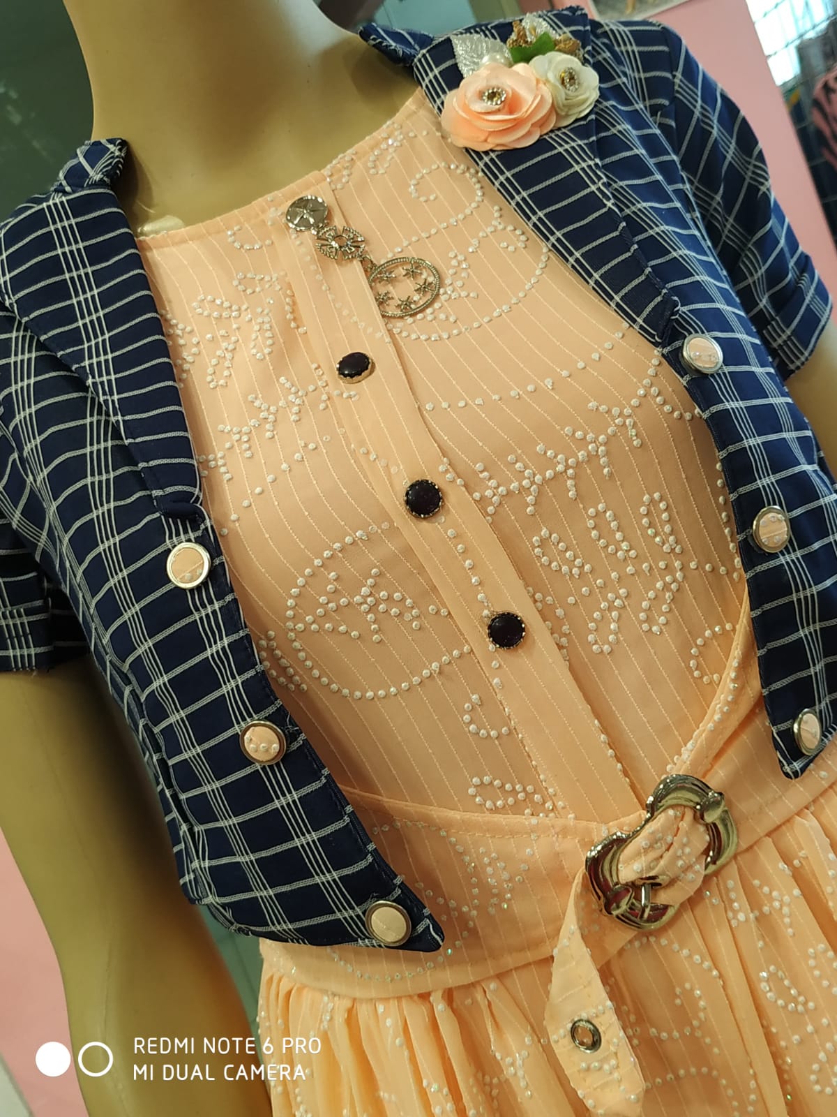 Girls Peach & Blue 3-Piece Western Dress with Jacket & Leggings (7-9Y)