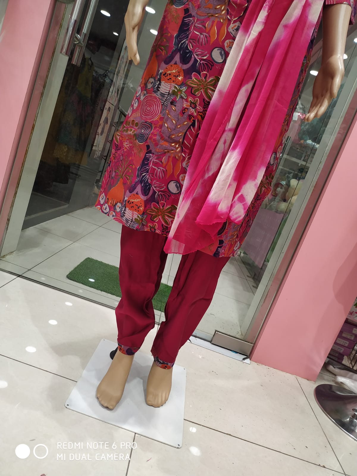 Women's kurti set with pant and dupatta, pink( NL 5)