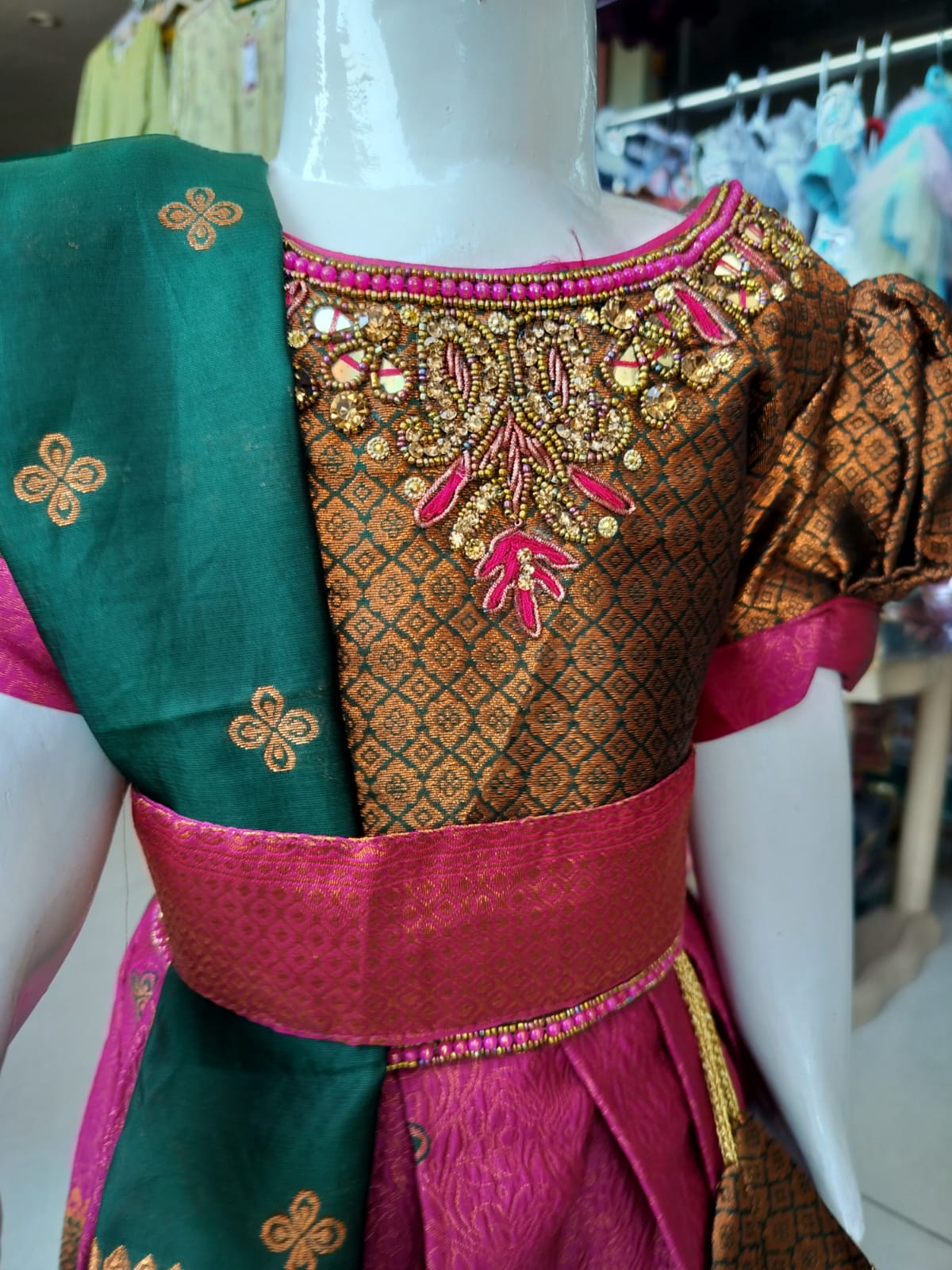 traditional wear , semi pattu frock with dupatta ,pink /blue( NN ep 16)