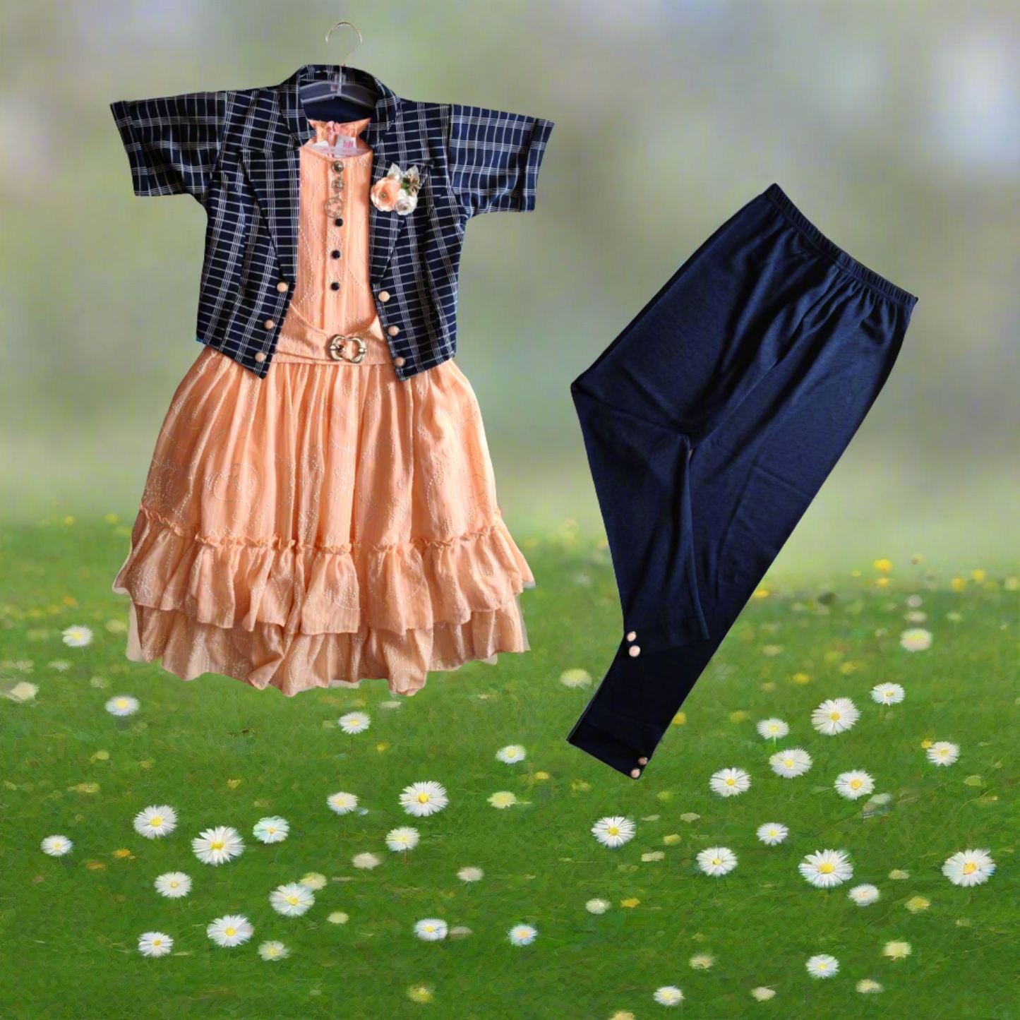 girls 4 piece western dress with legging and coat, peach& blue( wtbx 11)