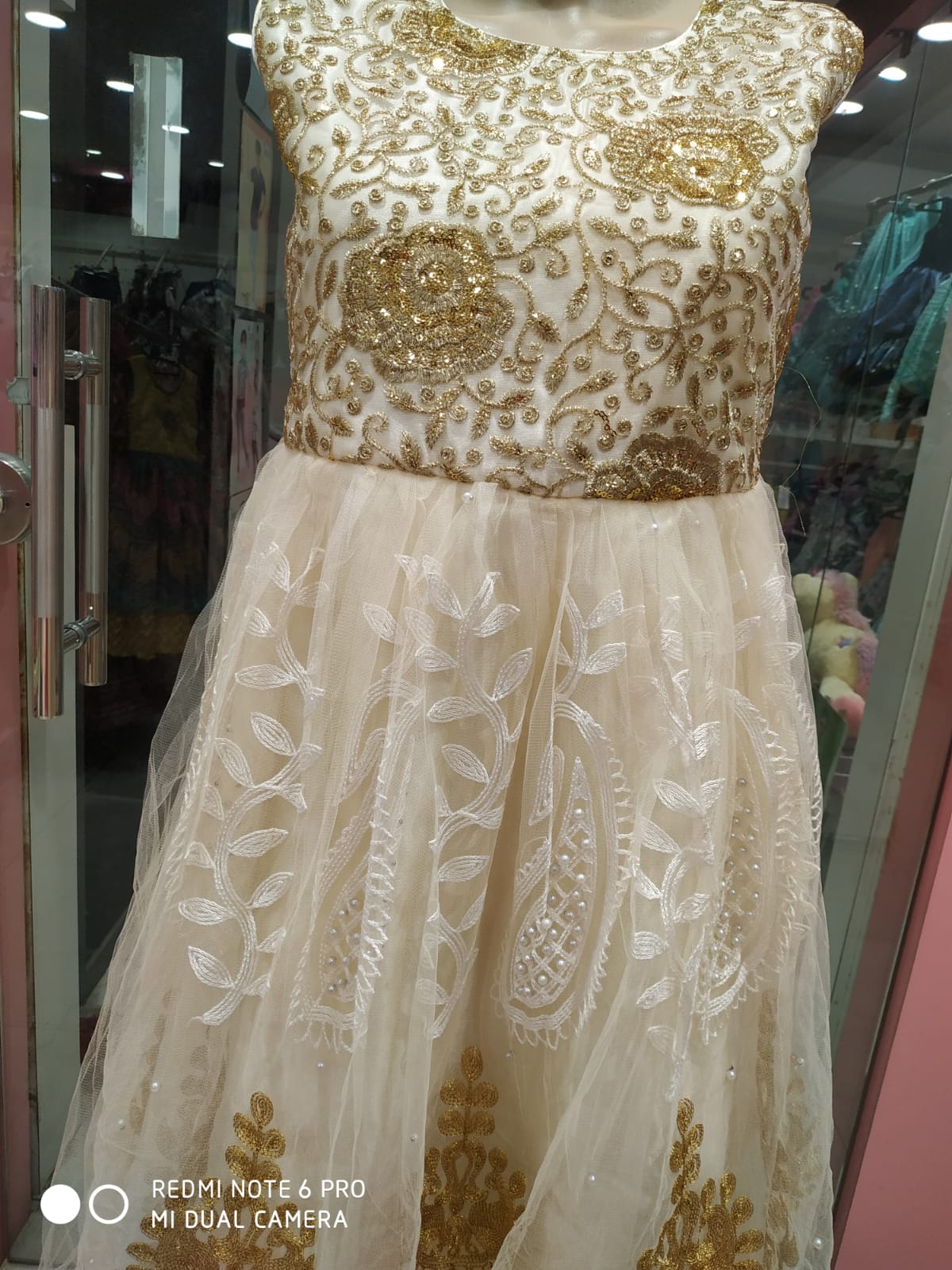 girls beautiful frock, off white & golden ( e 2)