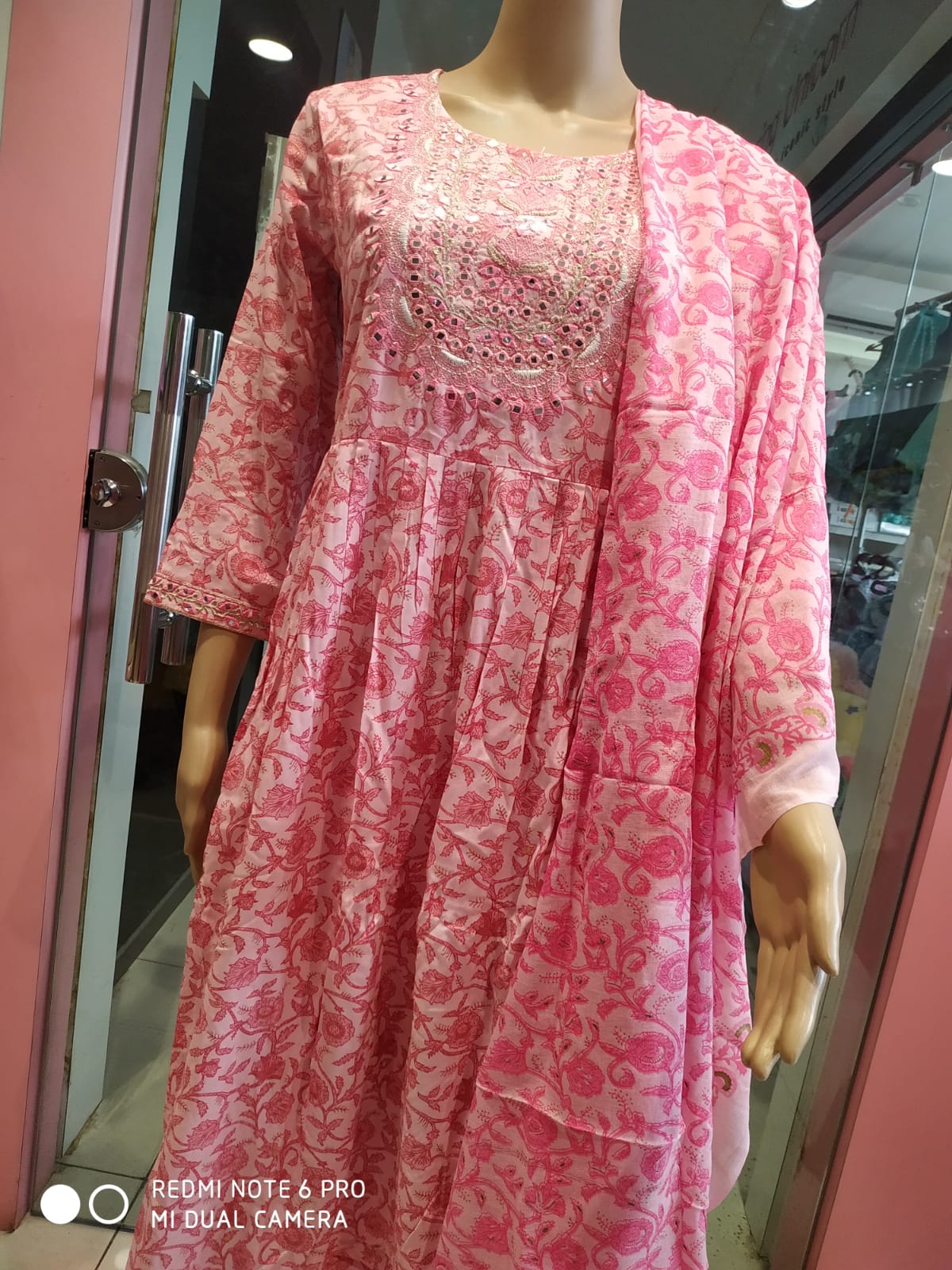 Women's kurti set with pant and dupatta, pink/grey/yellow( NL 15)