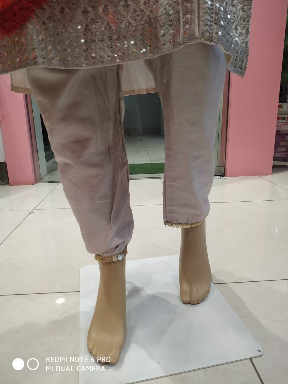 Women's partywear kurti set with pant and dupatta, peach/ grey( Lfst 14)