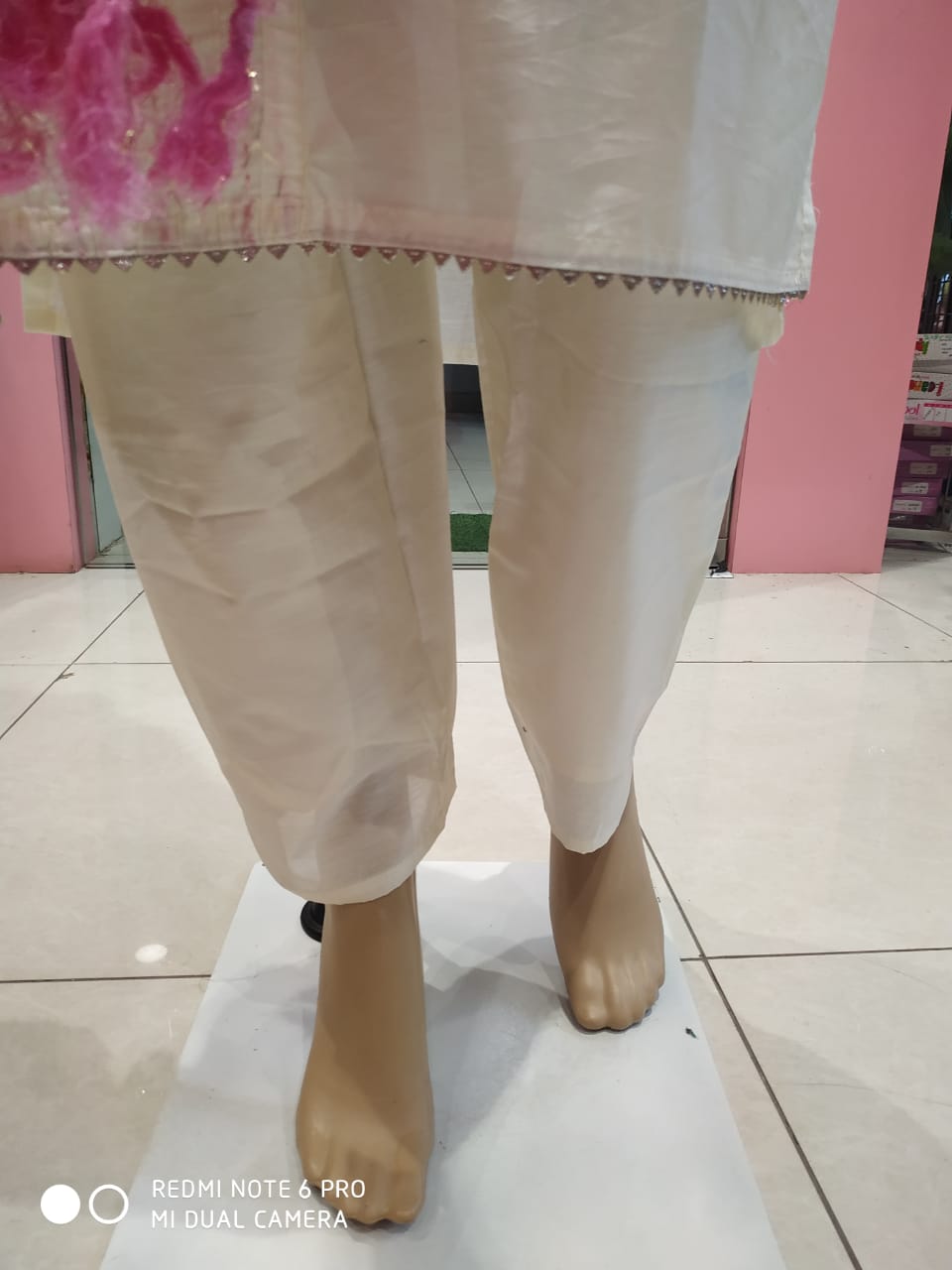 Women's kurti set with pant and dupatta, white&pink/blue( Lfst 44)