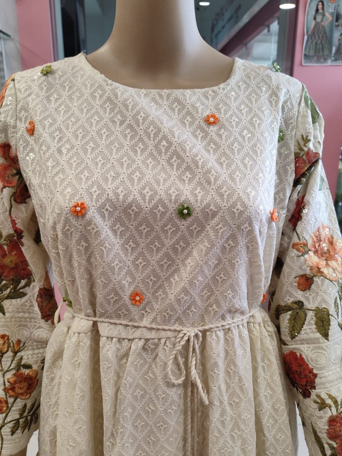 Flayered Umbrella partywear short dress , offwhite with thread work( Lst 4)