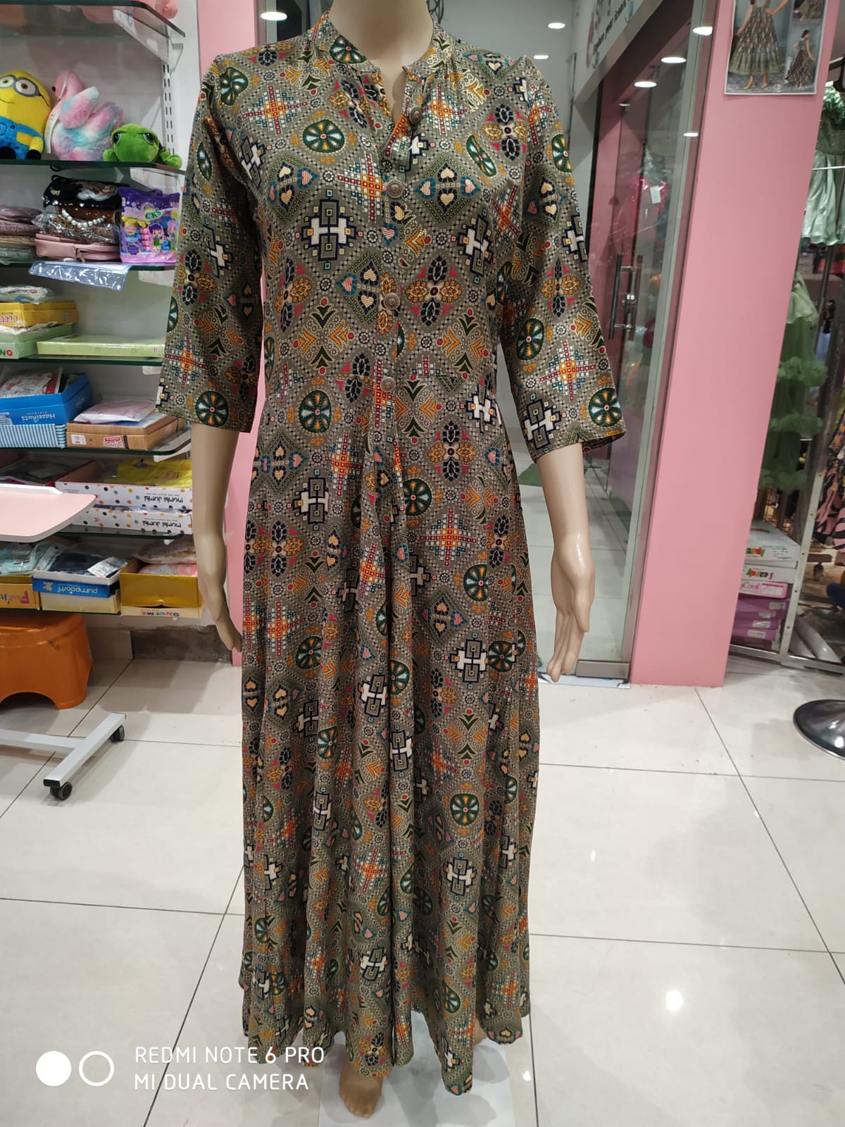 Flayered Umbrella gown, peach/mehandi/mustard /grey ( Lst 10)