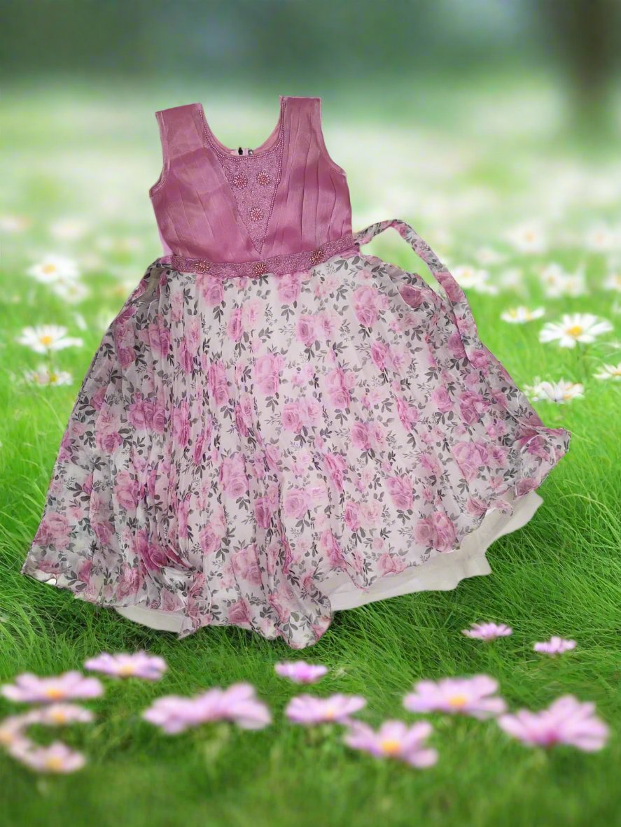 girls partywear long frock, brown/pink/blue ( Nkd 17)
