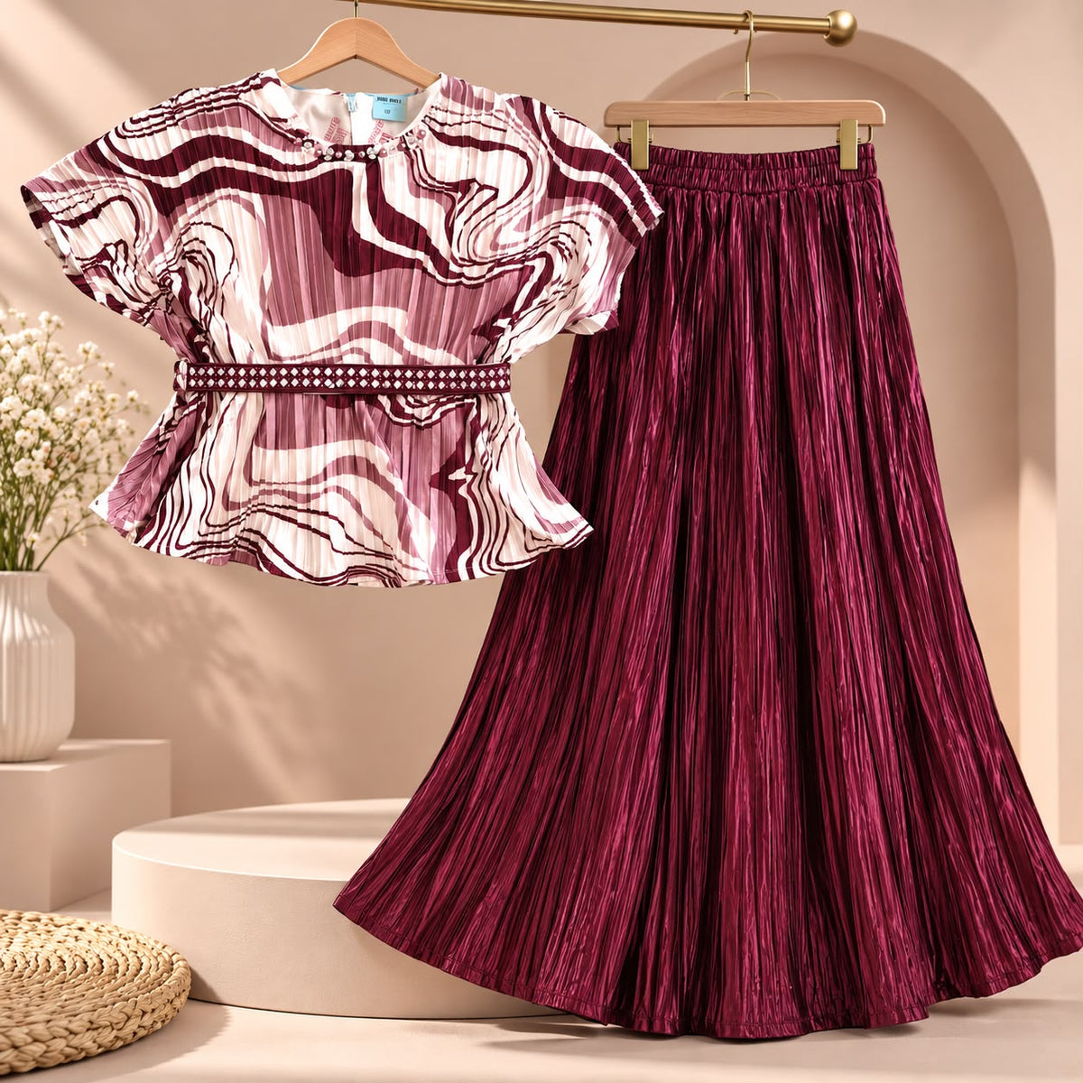 Girls Maroon Indo-Western Top & Layered Flared Skirt Set (7-9Y)