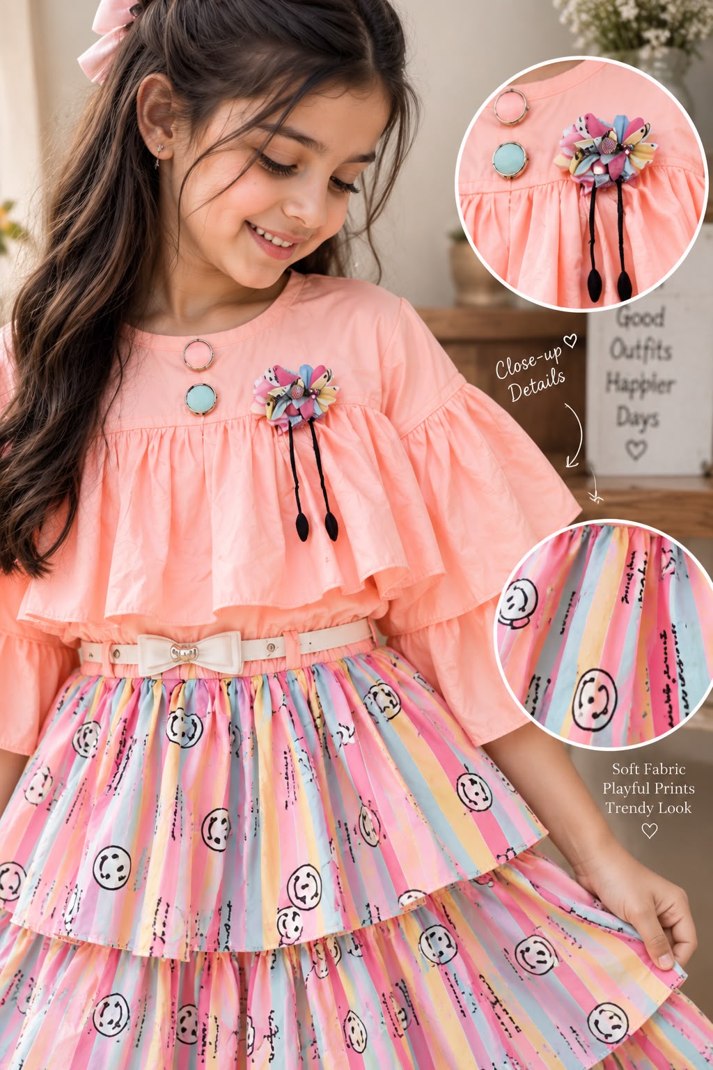 Girls Designer Pink Tiered Frill Dress with Complimentary Leggings