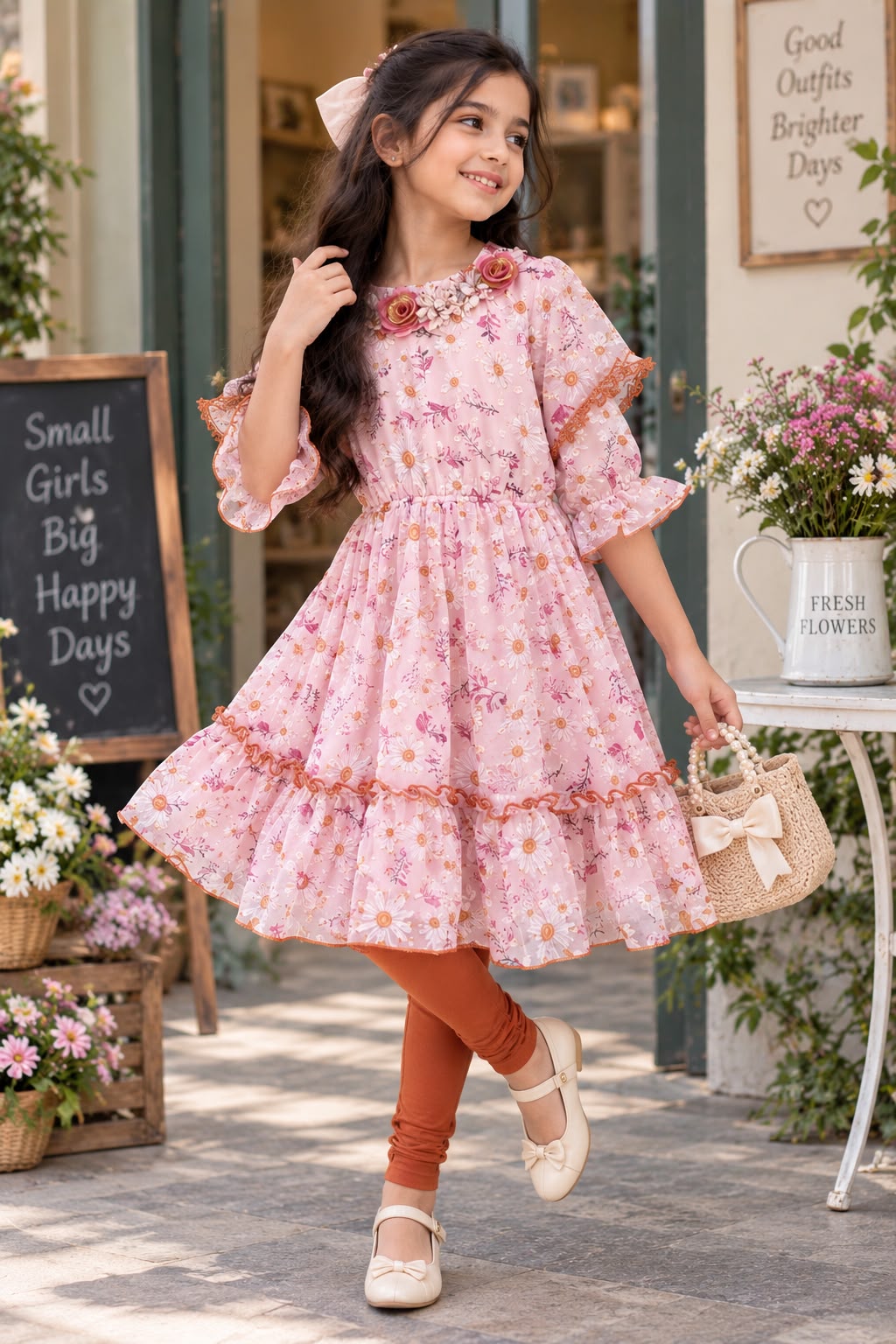 Girls Peach & Light Brown Layered Dress with Complimentary Leggings | Sizes 2-12Y+