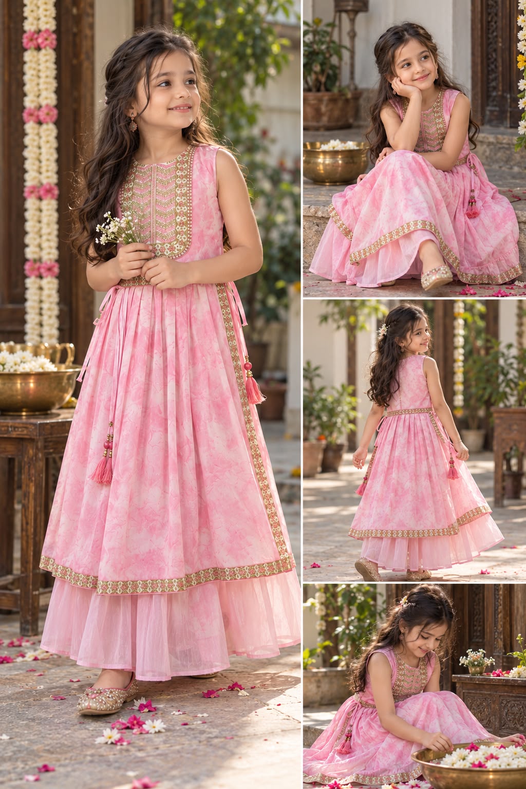 Girls Baby Pink Embellished Naira Cut Kurta & Flared Palazzo Set | Sizes 4-12Y+