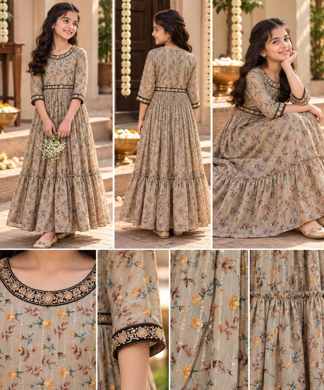Girls Soft Silk Printed Long Ethnic Gown Dress (5-12Y)