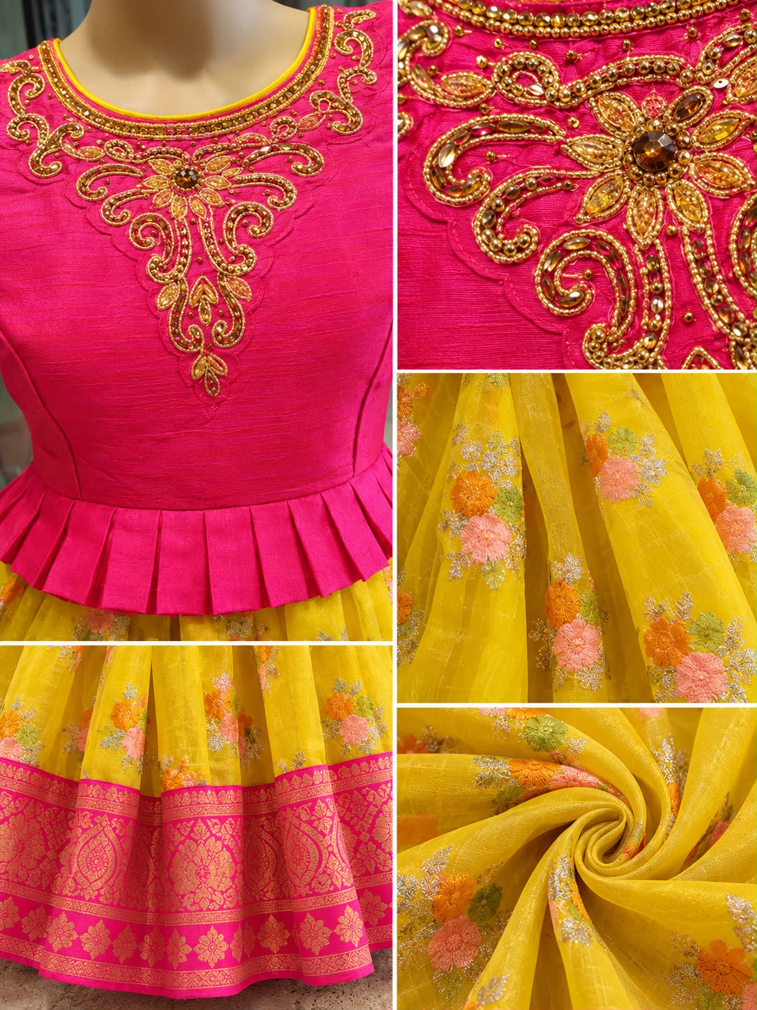 Girls Pink & Yellow Ethnic Festive Long Frock Gown (9-12Y, Teen)