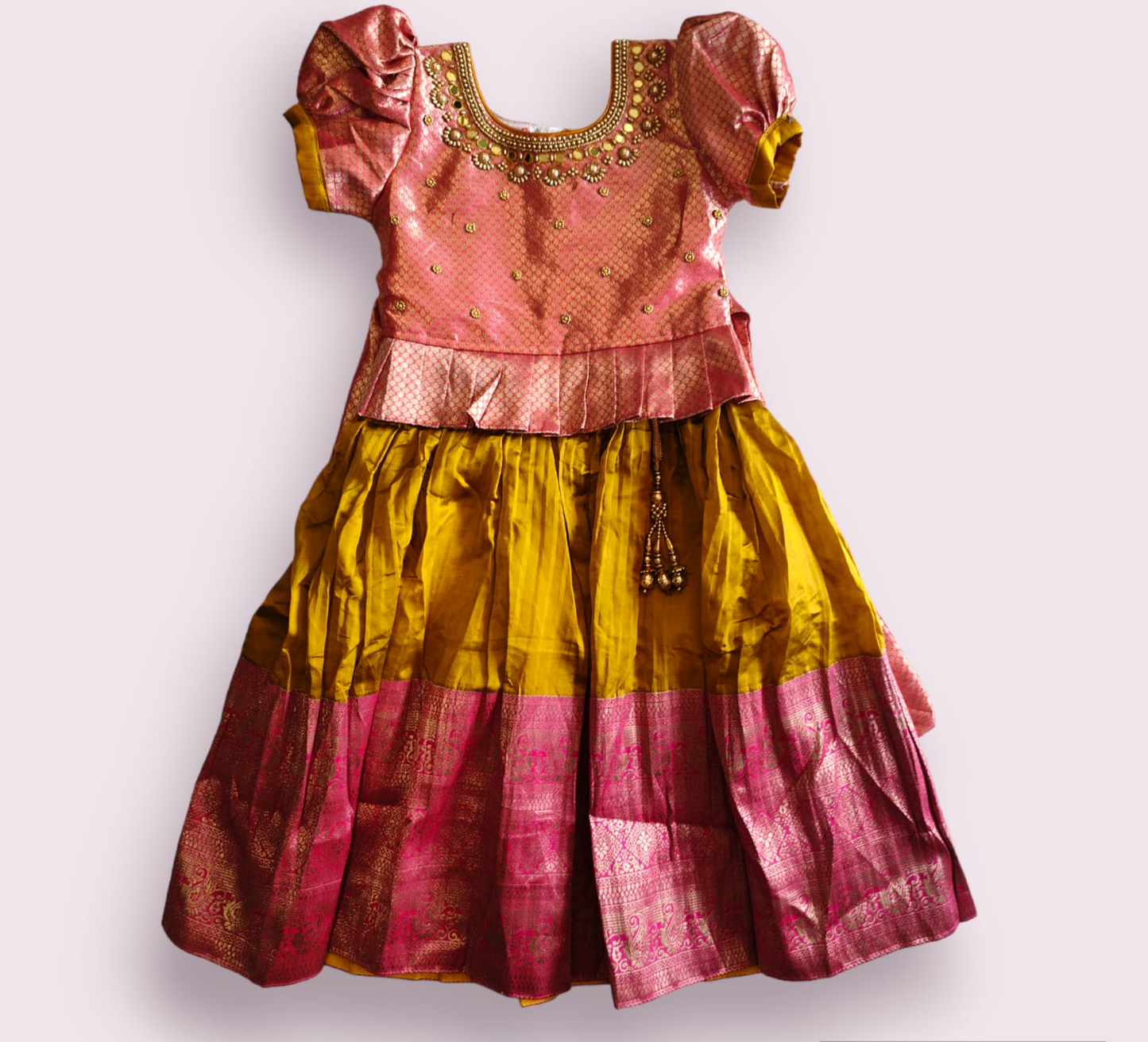 girls traditional / festive wear pattu frock, golden ( e 16)
