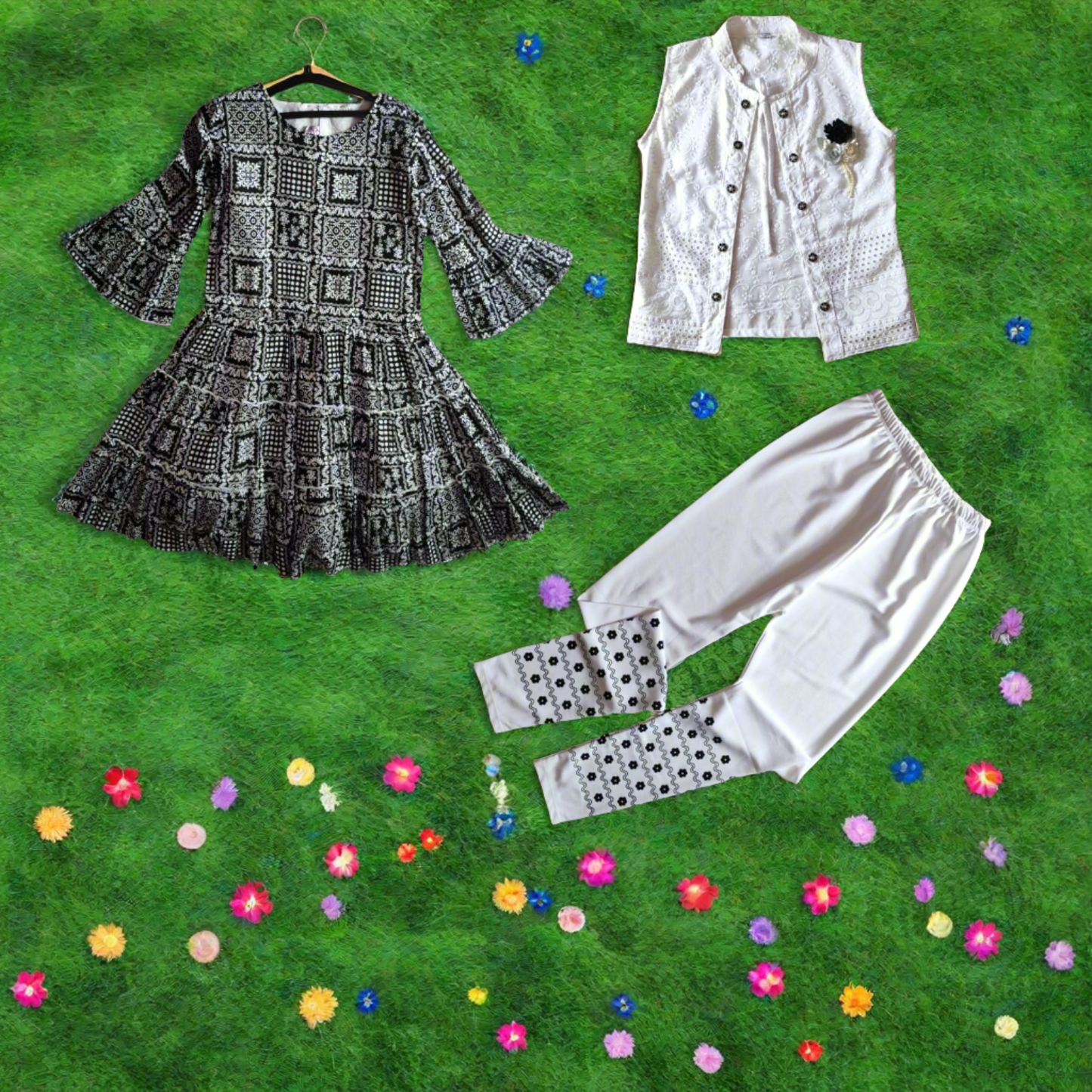 girls western stylish 3 piece black and white dress ( wtbx 12)