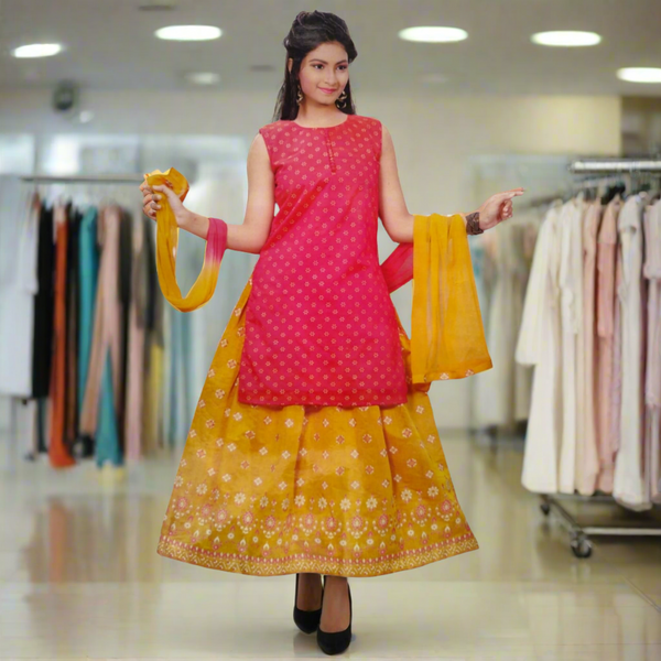 Girls Ethnic Chanderi Crop Top 3-Piece Set - Red and Mustard Yellow