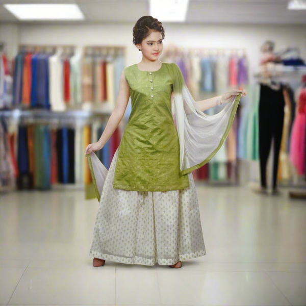 Girls Ethnic Chanderi Crop Top 3-Piece Set - Green and White