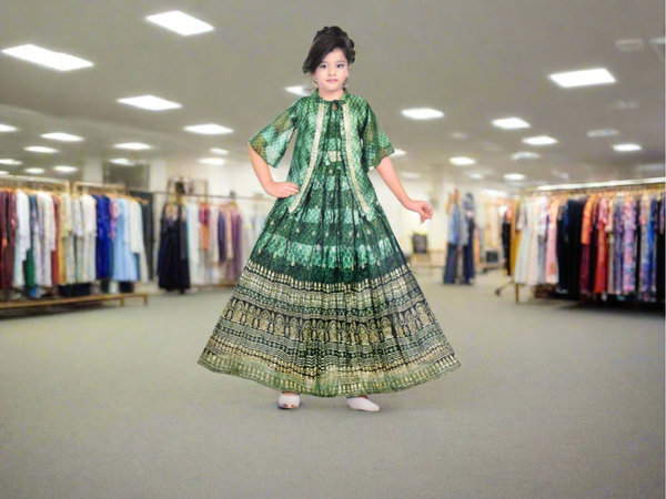 girls beautiful ethnic gown with jacket , green/ blue ( Z 11)