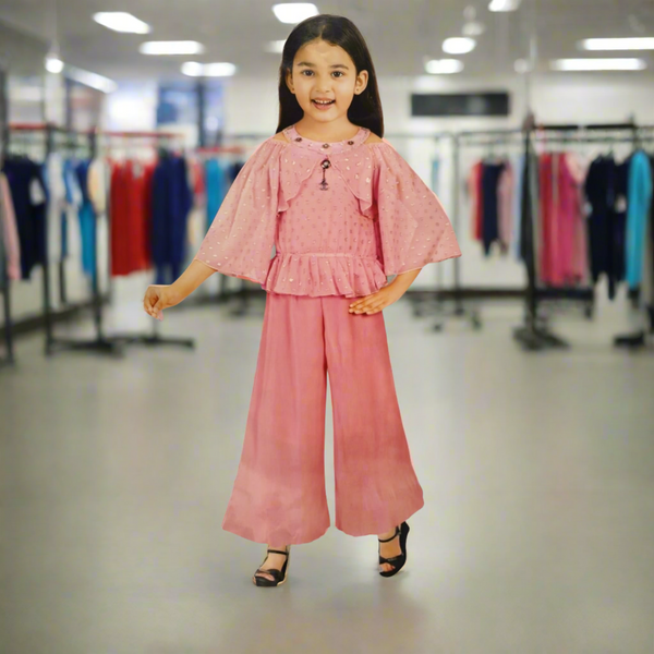 girls western stylish crush pattern top plazzo set, colour onion pink ( Z 14)