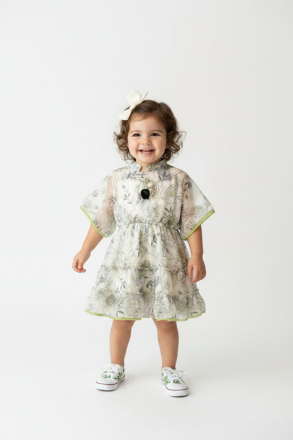 Girls White & Green Floral Dress with Black Leggings | Wear With or Without Leggings