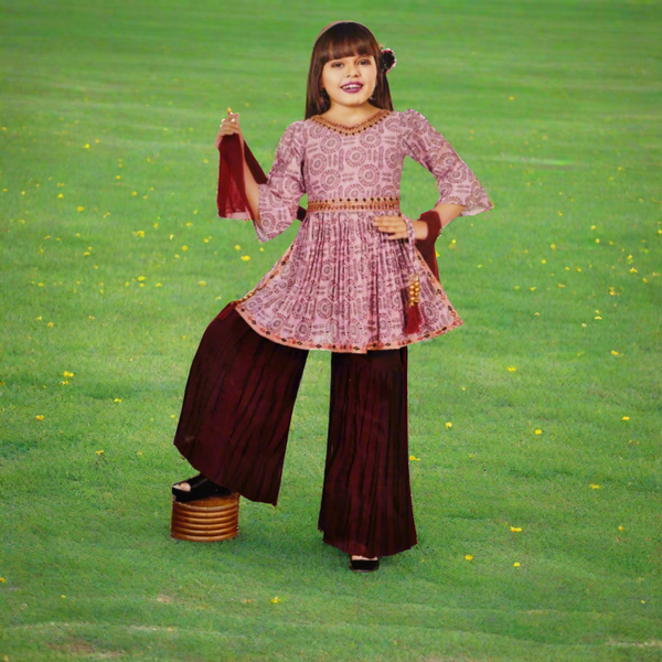 girls occassional wear indo-western plazo set with dupatta , maroon ( Z 15 )