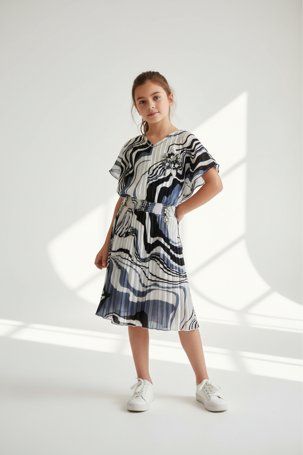 Girls Navy Blue & White Crinkle Tunic Dress with Leggings