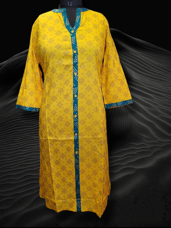 straight cut kurti yellow with blue strip ( Lst 32)