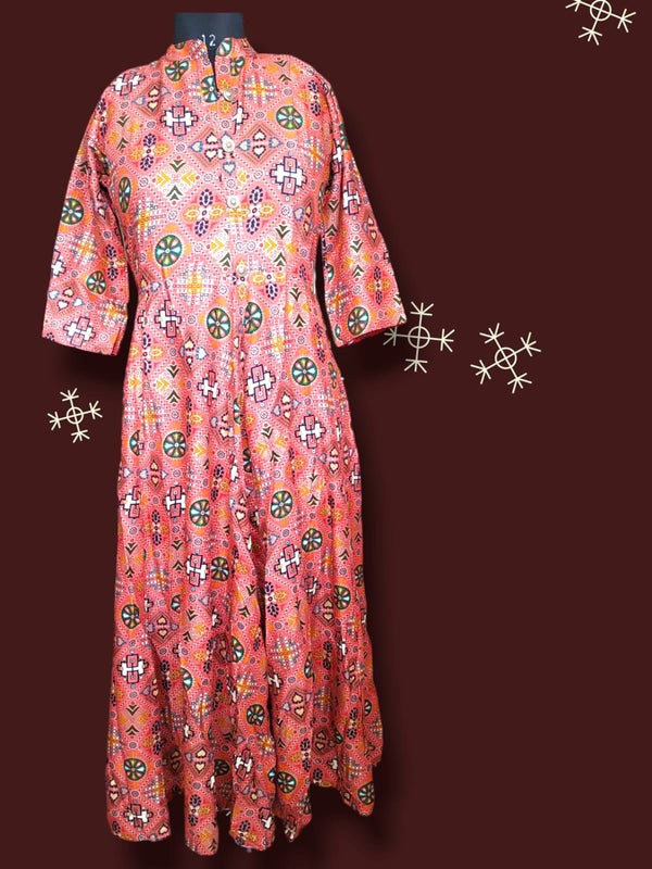 Flayered Umbrella gown, peach/mehandi/mustard /grey ( Lst 10)