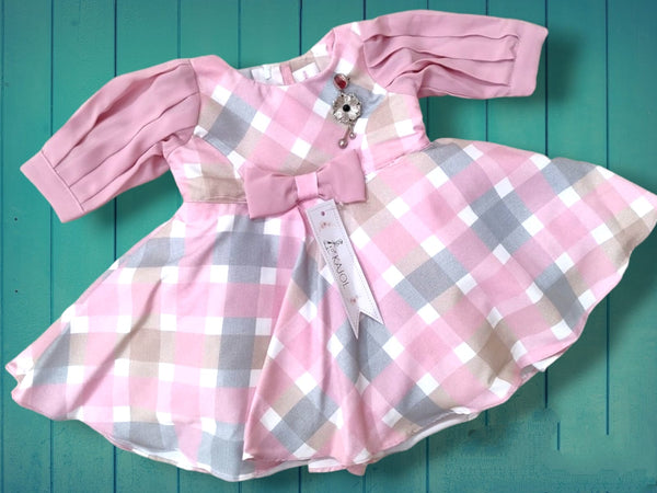 girls western classy frock, pink/blue check pattern ( prbx 18)