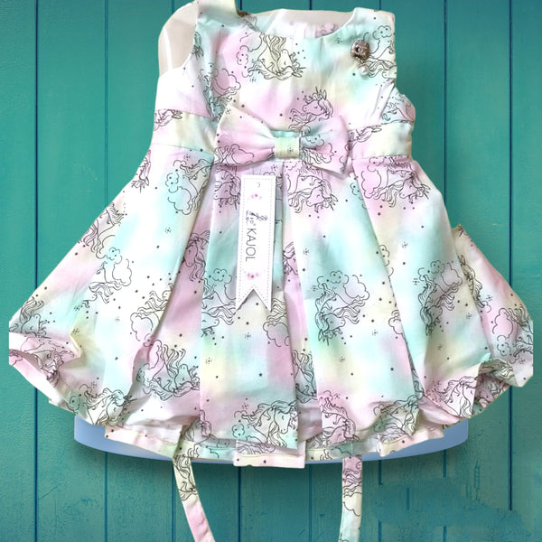 girls western classy frock, light green unicorn pattern( prbx 19)