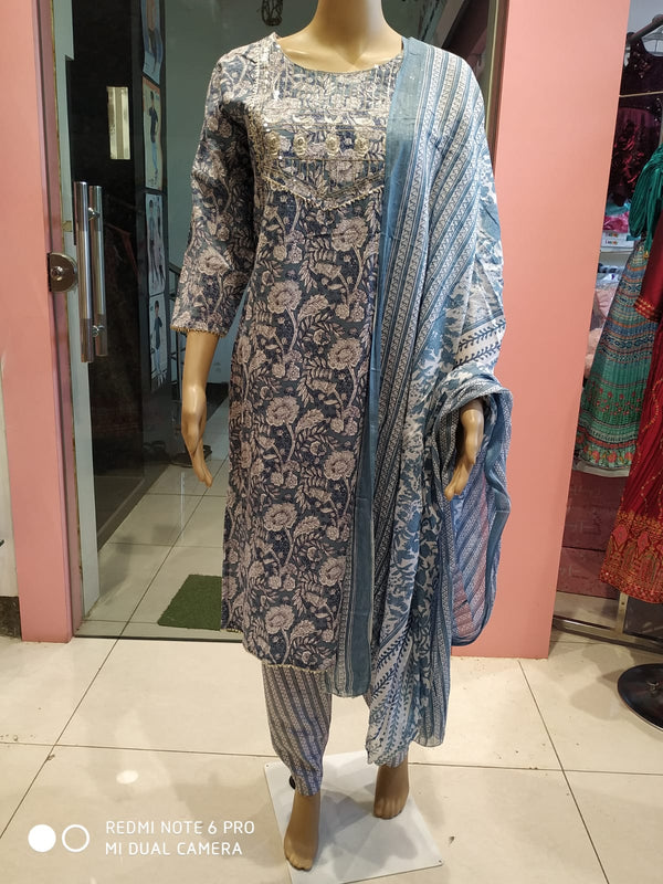 Women's kurti set with pant and dupatta, cotton, grey ( Lfst 38)