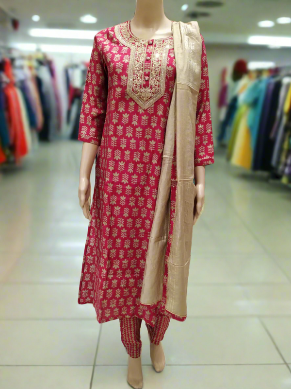 Women's Partywear kurti set with pant and dupatta,red( Lfst 46)